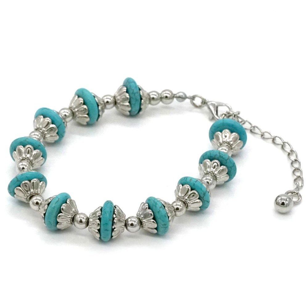 Bracelet Turquoise Silver Beads Silver Lobster Clasp.